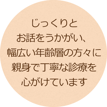 じっくりとお話をうかがい，幅広い年齢層の方々に親身で丁寧な診療を心がけています